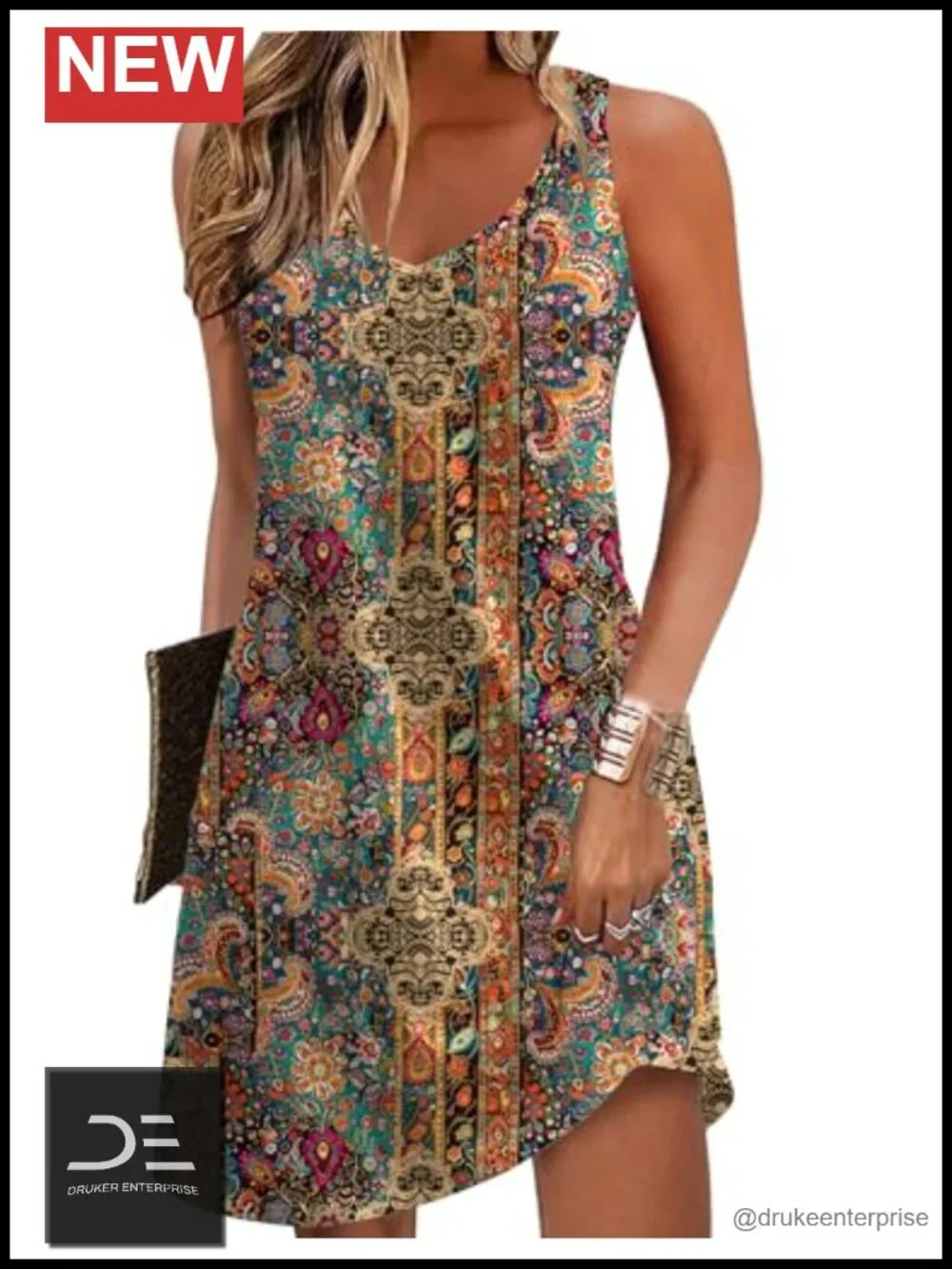 Loose V Neck Sleeveless Swimsuit Coverup Tank Dress with Pockets